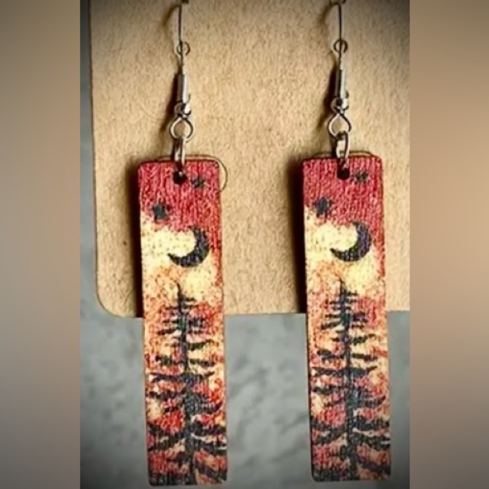 Moon & Tree Outdoor Woodsy Landscape Earrings *Orange